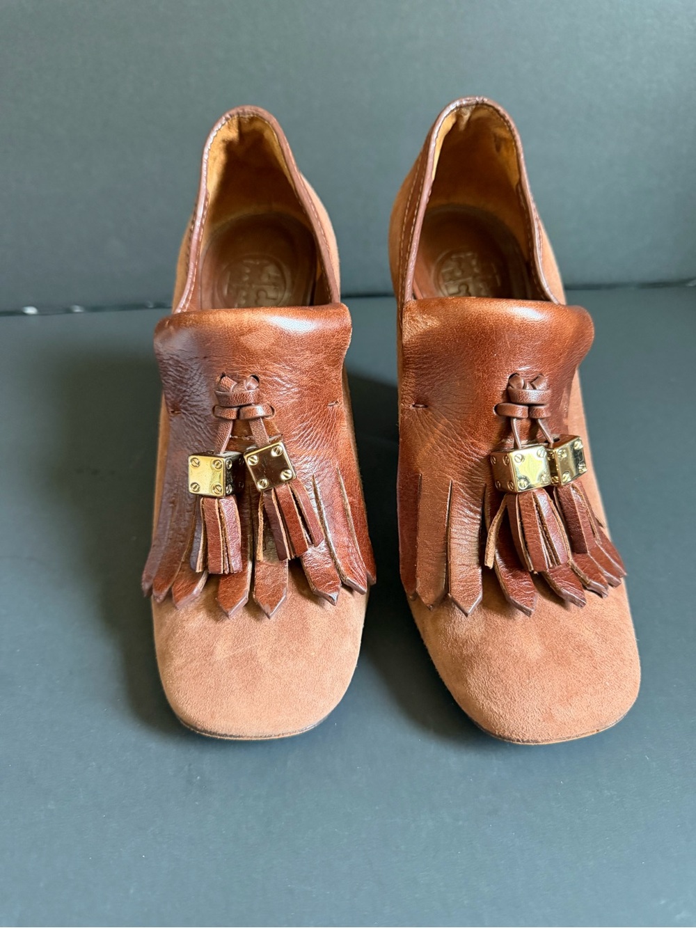 Tory Burch Suede and Leather Tassel Block Heel Loafers in Cognac - Picture 2 of 6